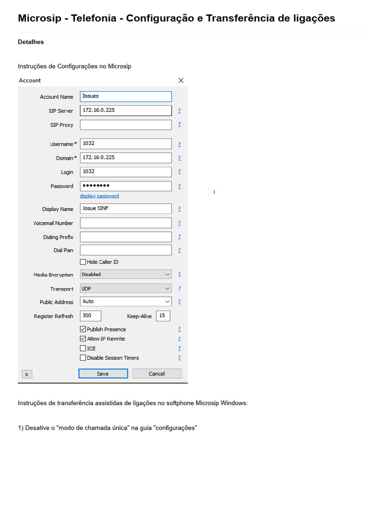 Microsip - Telefonia - Configuração e Transferência de Ligações | PDF