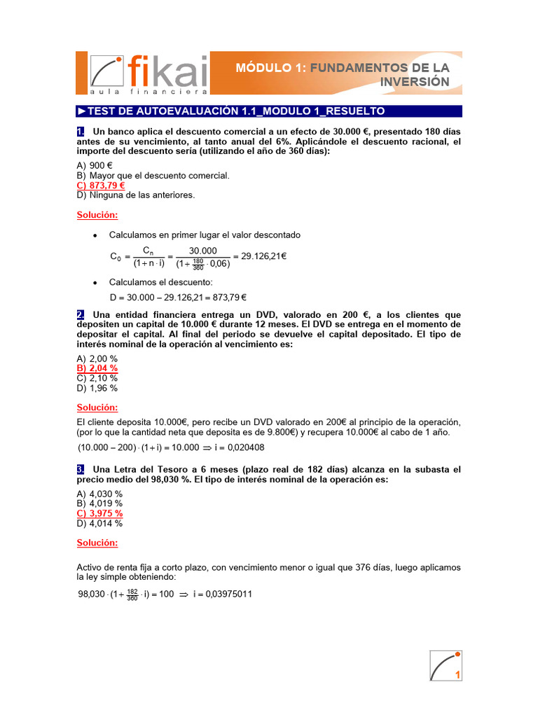 Test Resuelto de Inversión Básica | PDF | Interés | Dinero