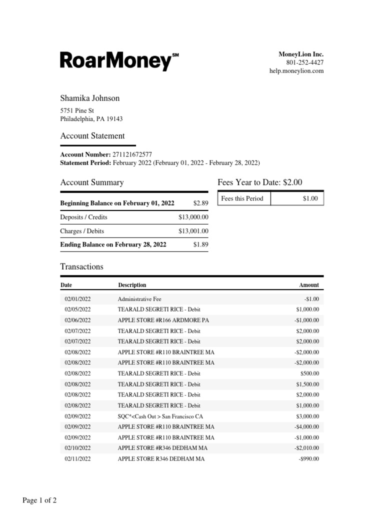 shamika johnson statement of account | PDF