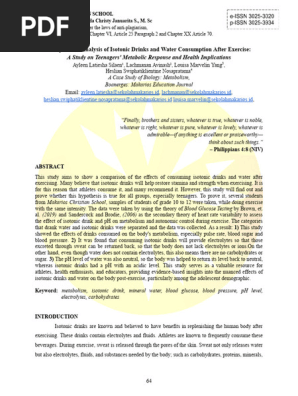 Comparative Analysis of Isotonic Drinks and Water Consumption After Exercise: A Study on Teenagers' Metabolic Response and Health Implications