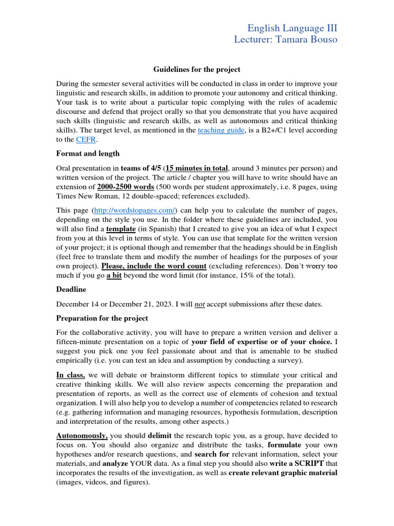 English Language III Project Guidelines | PDF | Hypothesis | Body Language