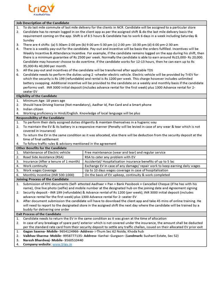 TriEV Last Mile Delivery Job Details | PDF