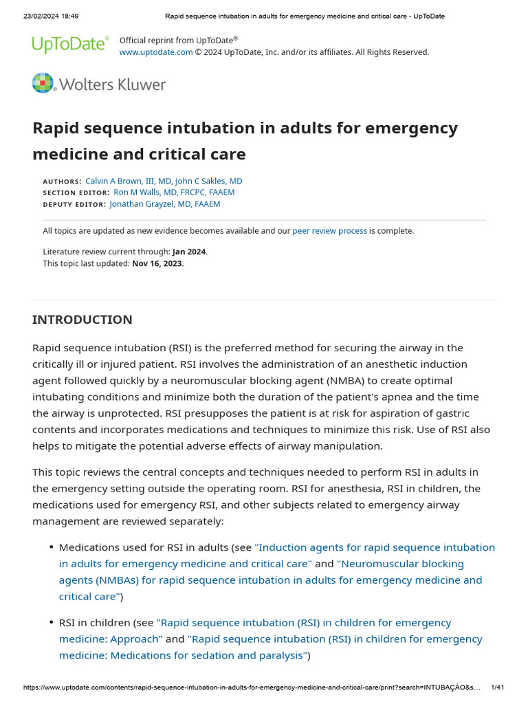 Rapid Sequence Intubation in Adults For Emergency Medicine and Critical