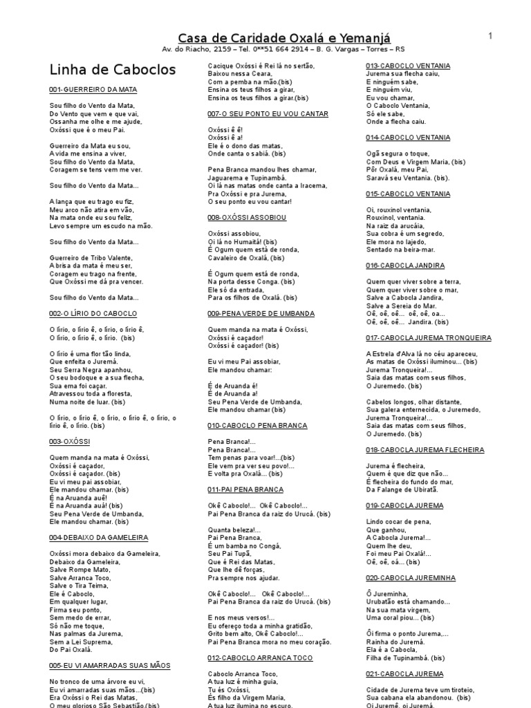 Umbanda - Pontos - Letras de Pontos de Caboclo - Casa de Caridade Oxalá ...