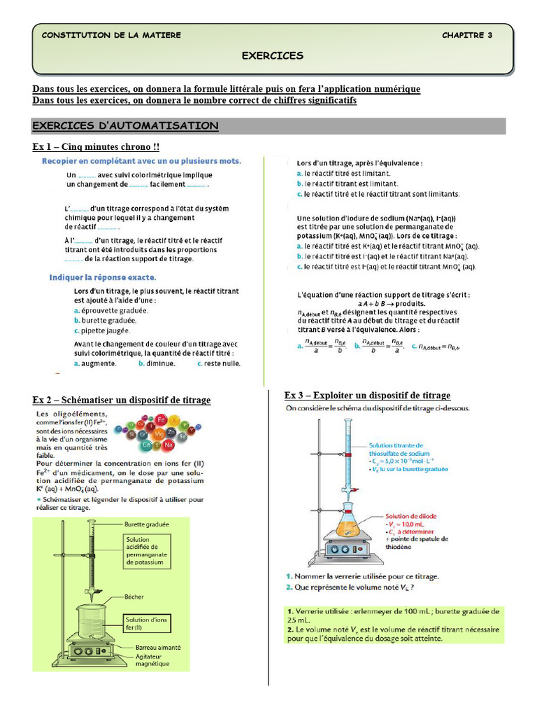 Exercices de titrage et d'analyse chimique | PDF | Titrage | Chimie