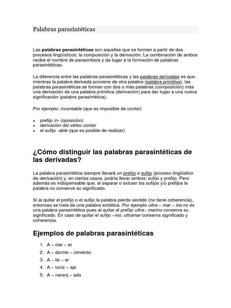 Ejemplos de palabras parasintéticas | PDF | Adverbio | Palabra