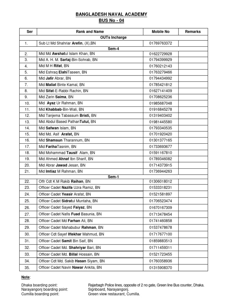 Bangladesh Naval Academy Bus List | PDF