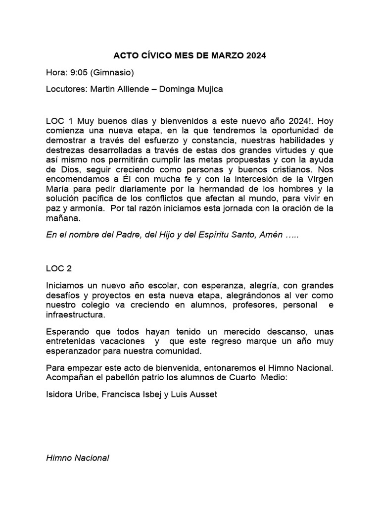 Acto Cívico Mes de Marzo 2024 | PDF
