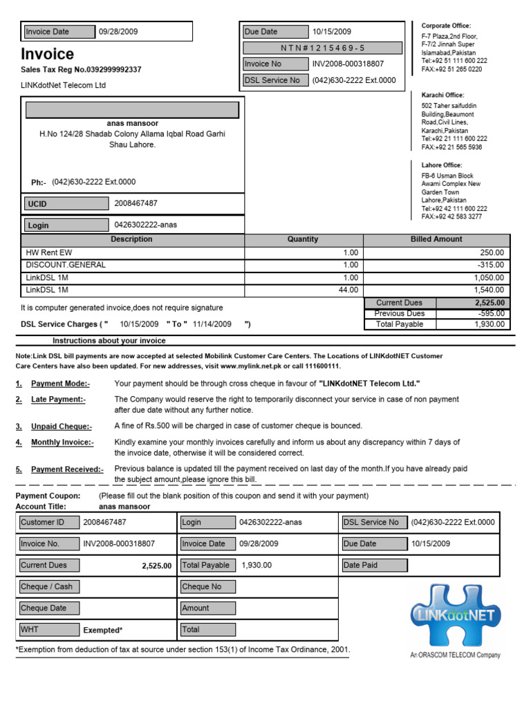 LINKdotNet Telecom Invoice Details | PDF | Cheque | Accounts Payable