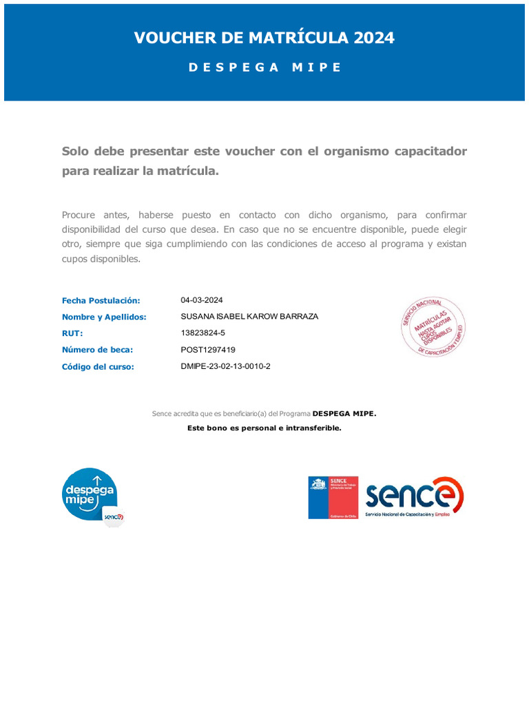 Voucher Matrícula 2024 DESPEGA MIPE | PDF | Crecimiento personal y ...