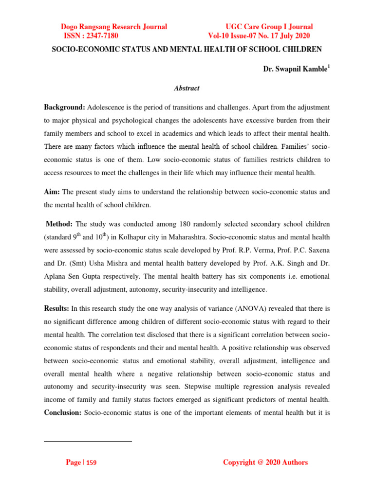 Socioeconomic Status and Mental Health of School Children | PDF ...