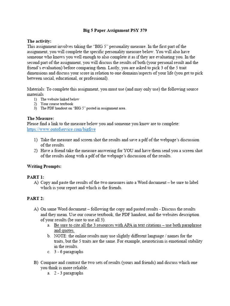 Psy 379 big 5 paper instructions pdf