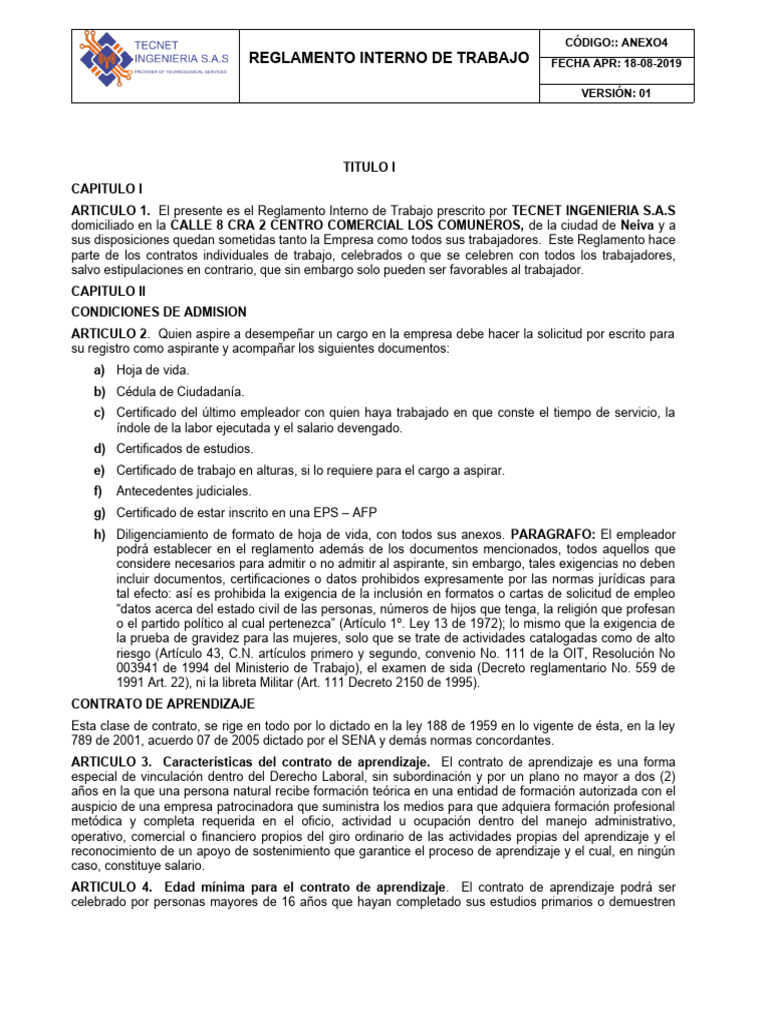Reglamento Interno de Trabajo TECNET | PDF | Salario | Derecho laboral