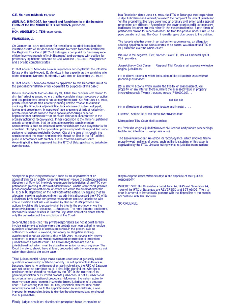 Jurisdiction in Estate Reconveyance Case | PDF | Lawsuit | Probate