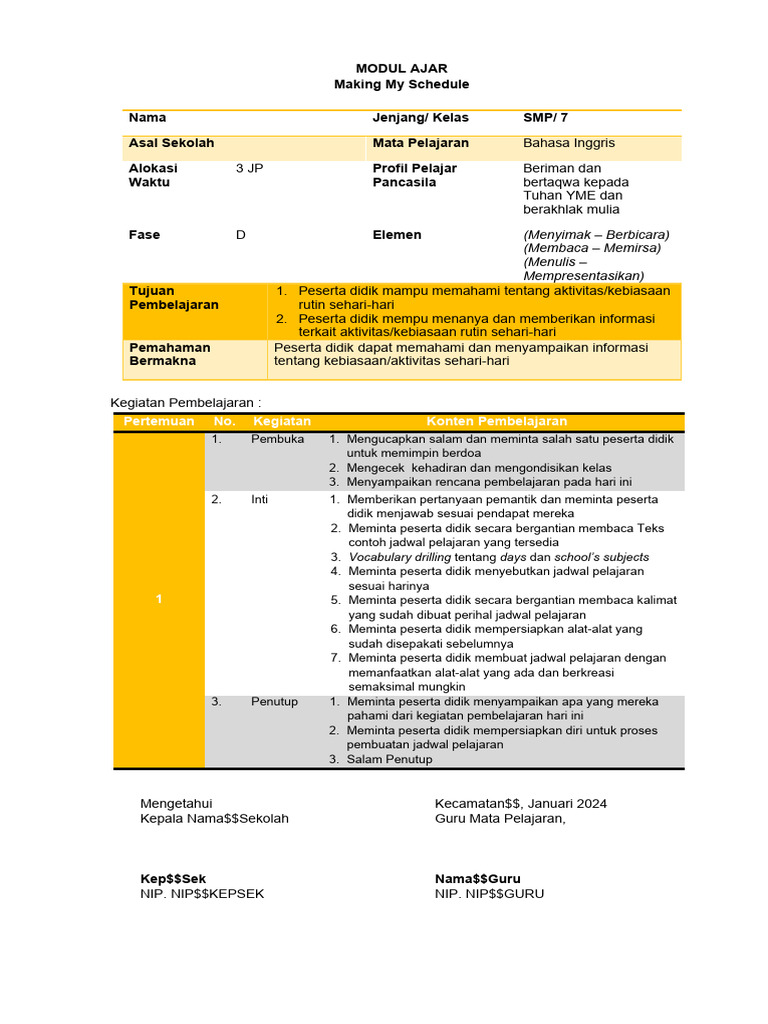 Modul ajar pertemuan 3 my schedule making schedule pdf