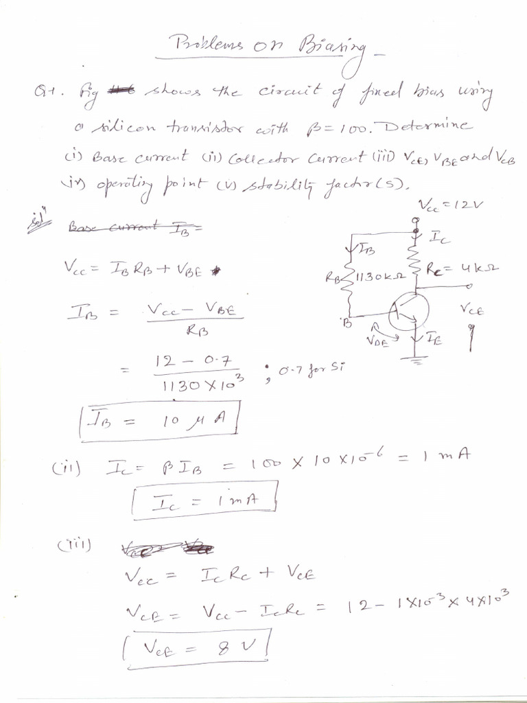 Transistor Biasing Numericals PDF