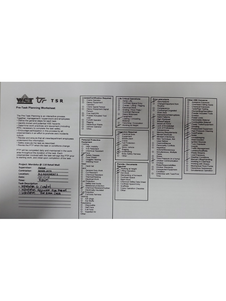 Pre Task Planning Worksheet 26 - 12 - 23 | PDF