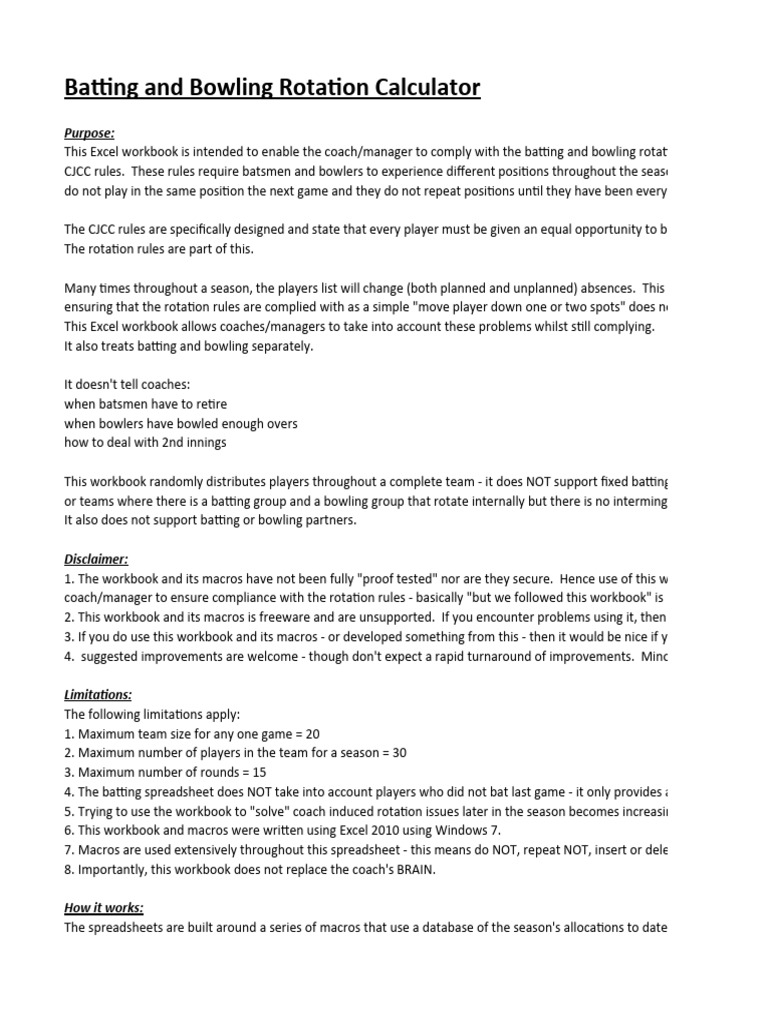 Batting and Bowling Rotation Tool | PDF | Spreadsheet | Microsoft Excel