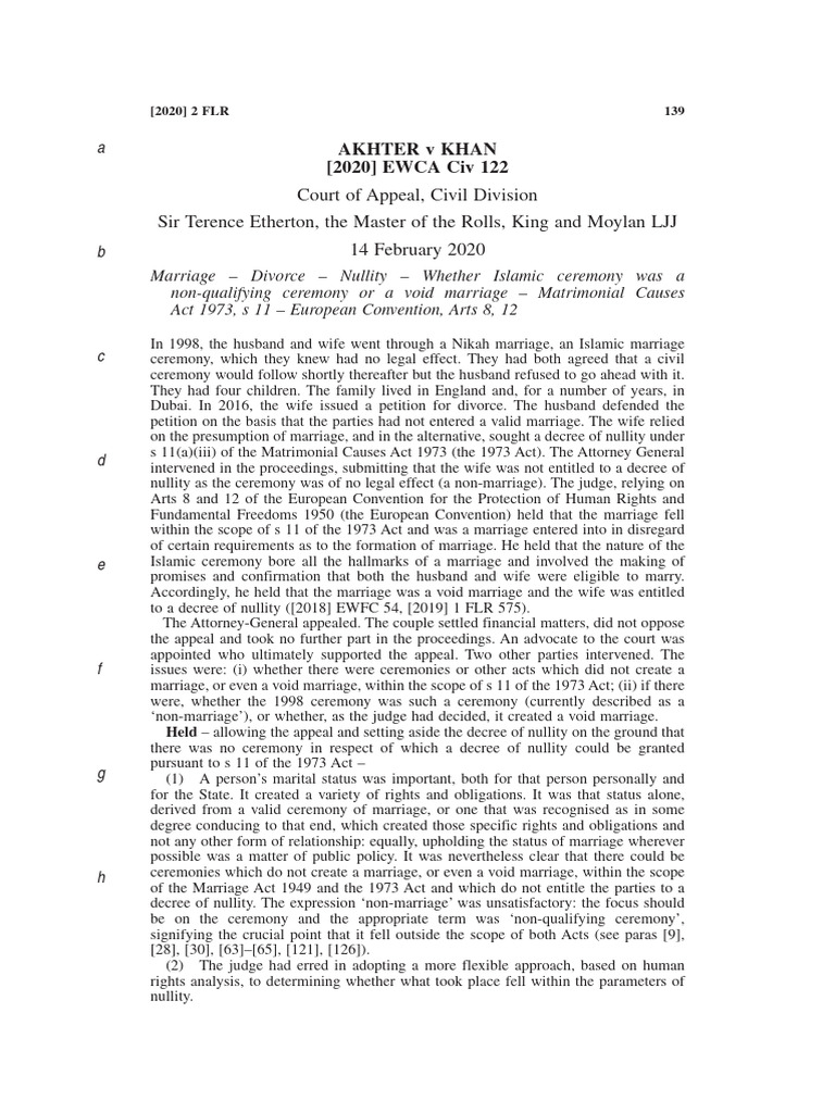 Akhter v Khan: Non-Qualifying Marriage | PDF | Annulment | Marriage