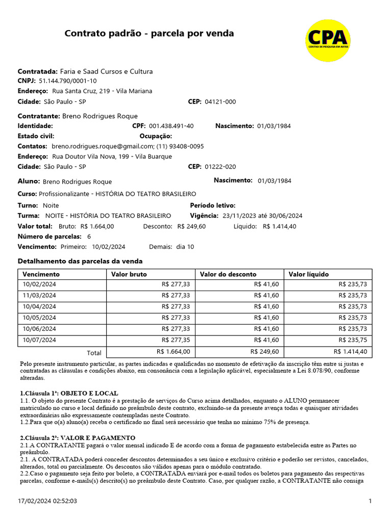 Contrato Padrão - Parcela Por Venda | PDF | Privacidade de informações ...