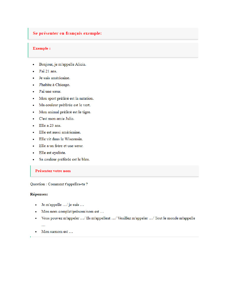phrase pour se presenter pour creer des dialogues en francais