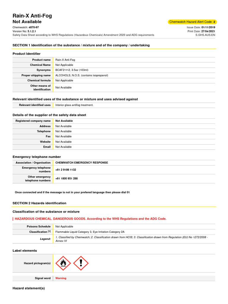 Rain-X Anti-Fog Safety Data Sheet | PDF | Wellness | Science & Mathematics