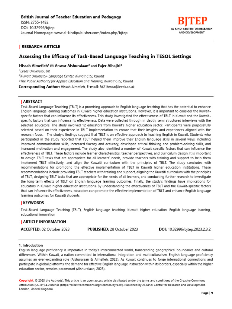 Assessing The Efficacy of Task-Based Language Teac | PDF | English As A ...