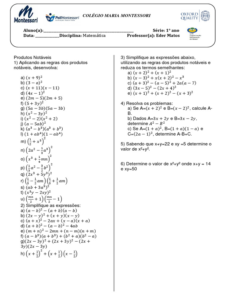 Exercícios de Produtos Notáveis e Gabarito | PDF