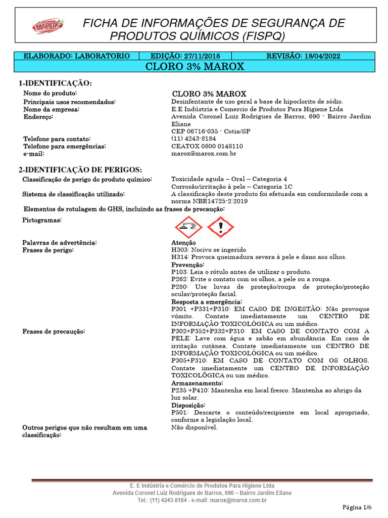 FISPQ Cloro 3% Marox | PDF | Queimadura | Cloro