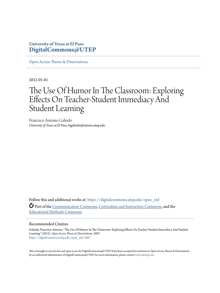 The Use of Humor in The Classroom - Exploring Effects On Teacher-S ...