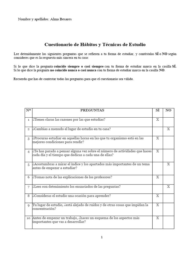 Cuestionario de Hábitos de Estudio | PDF | Crecimiento personal y ...