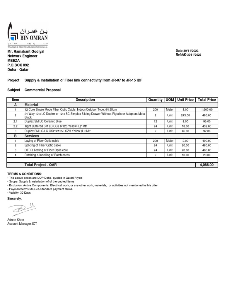 Quotation Supply & Installation of Fiber Link Connectivity For IR