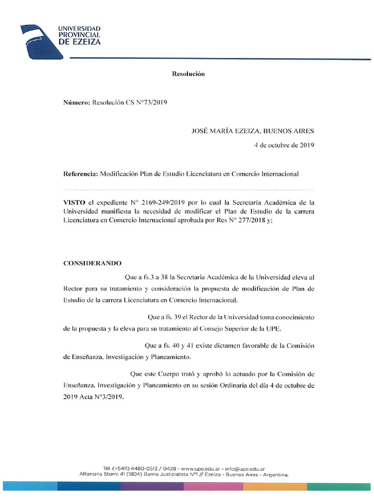 Resolución CS #73-2019 Licenciatura en Comercio Internacional | PDF