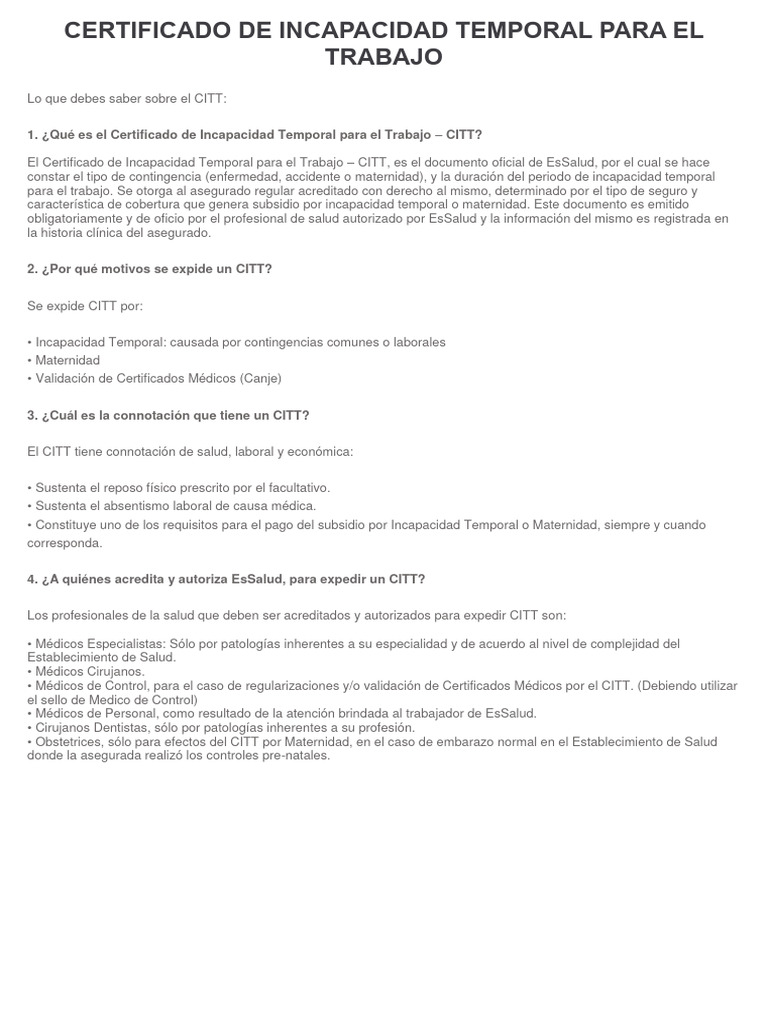 Certificado de Incapacidad Temporal CITT | PDF