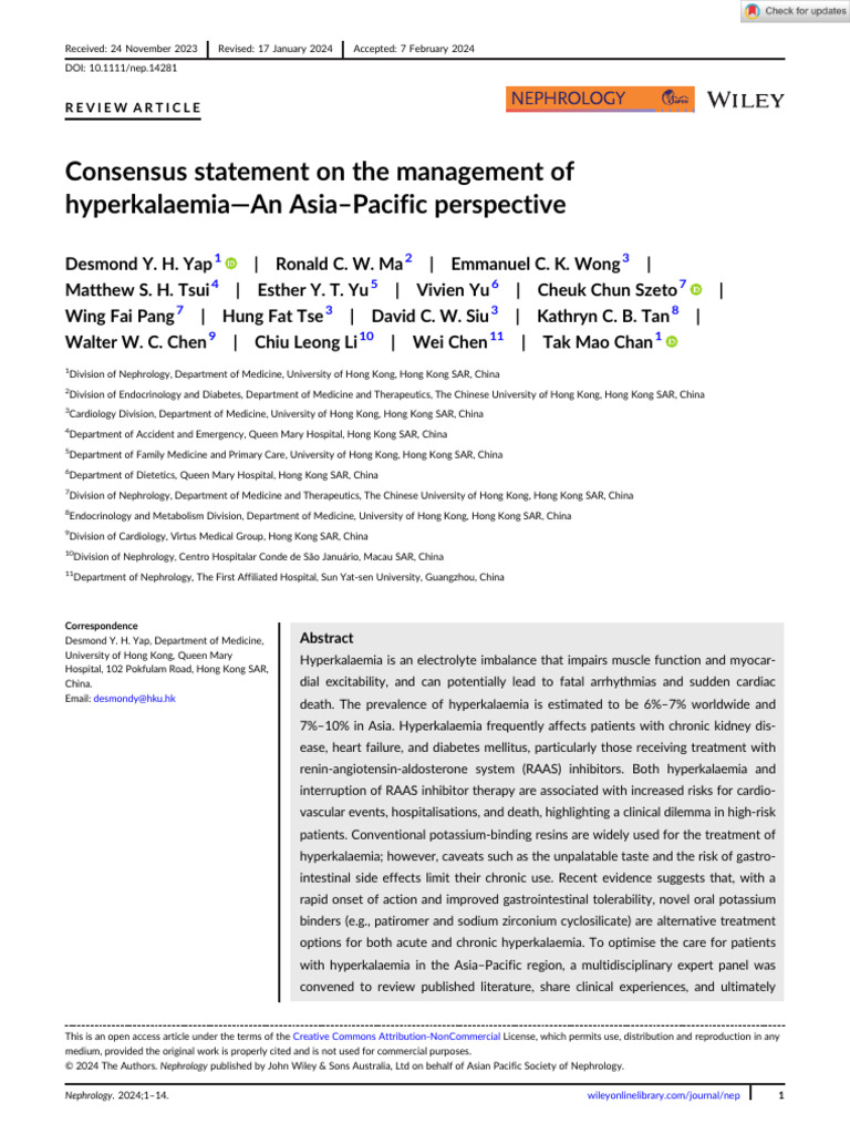Nephrology 2024 Yap Consensus Statement On The Management of
