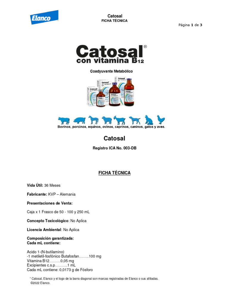 Ficha Técnica de Catosal con B12 | PDF | Vacas | Vitamina B12