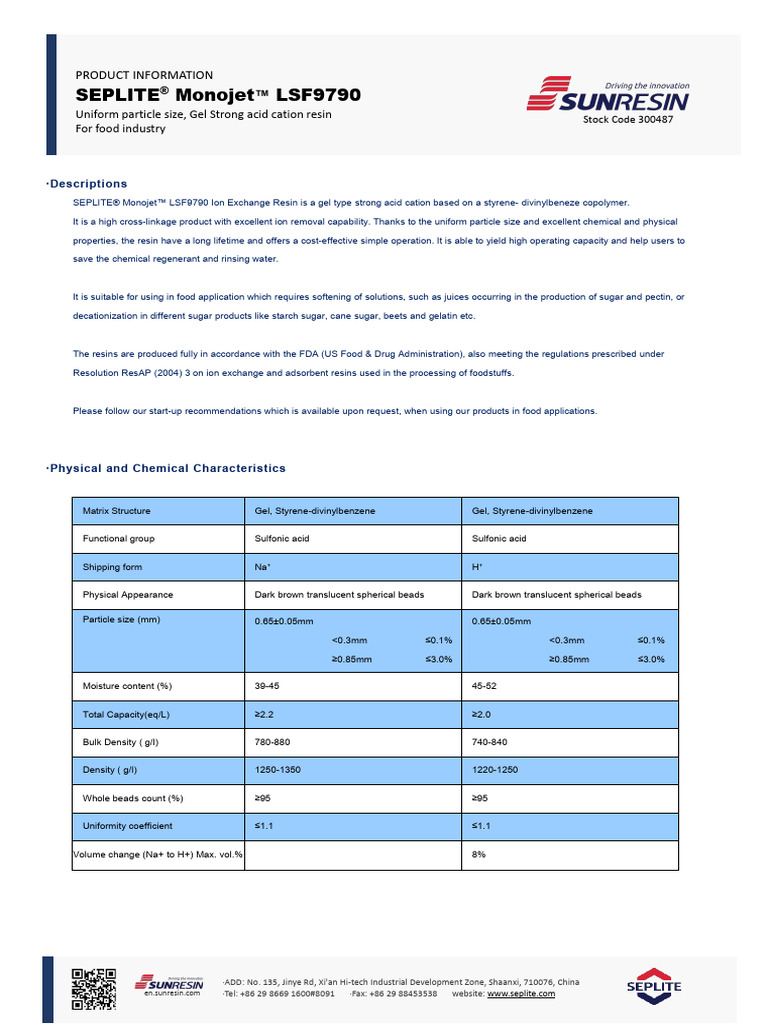 Seplite Monojet LSF9790 | PDF | Ion Exchange | Sugar