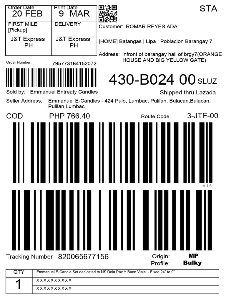 J&T Express Order Details for Lipa | PDF