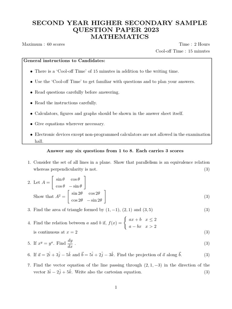 HS Mathematics Sample Paper 2023 | PDF | Equations | Cartesian ...