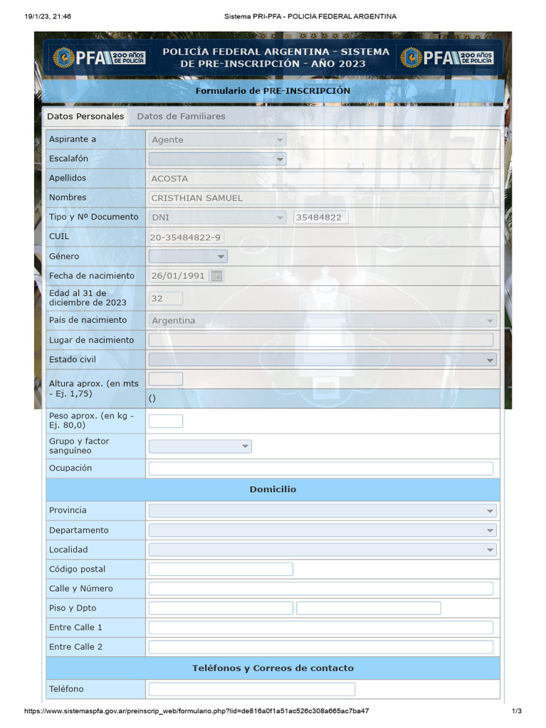 Formulario de Pfa Inscripcion Muestra | PDF