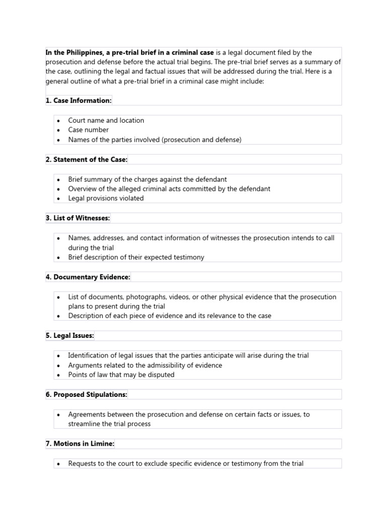 Pre-Trial Brief Guidelines for Criminal Cases | PDF | Evidence (Law ...