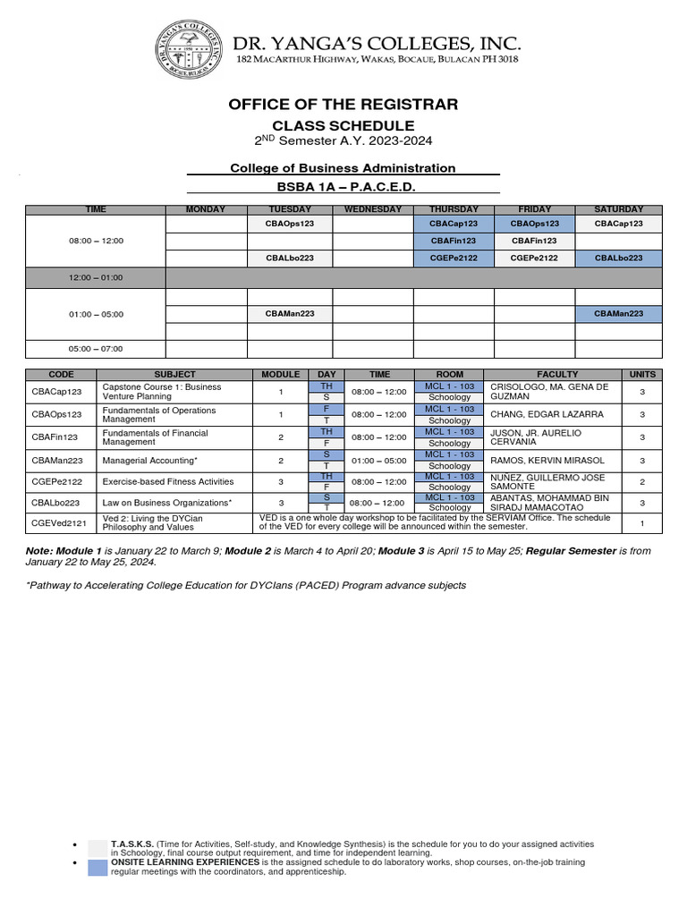 BSBA Class Schedule 2023-2024 | PDF | Academic Term | Learning