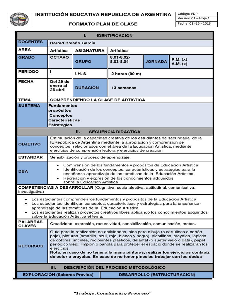 Plan de Clase: Educación Artística 8° | PDF | Educación en artes ...