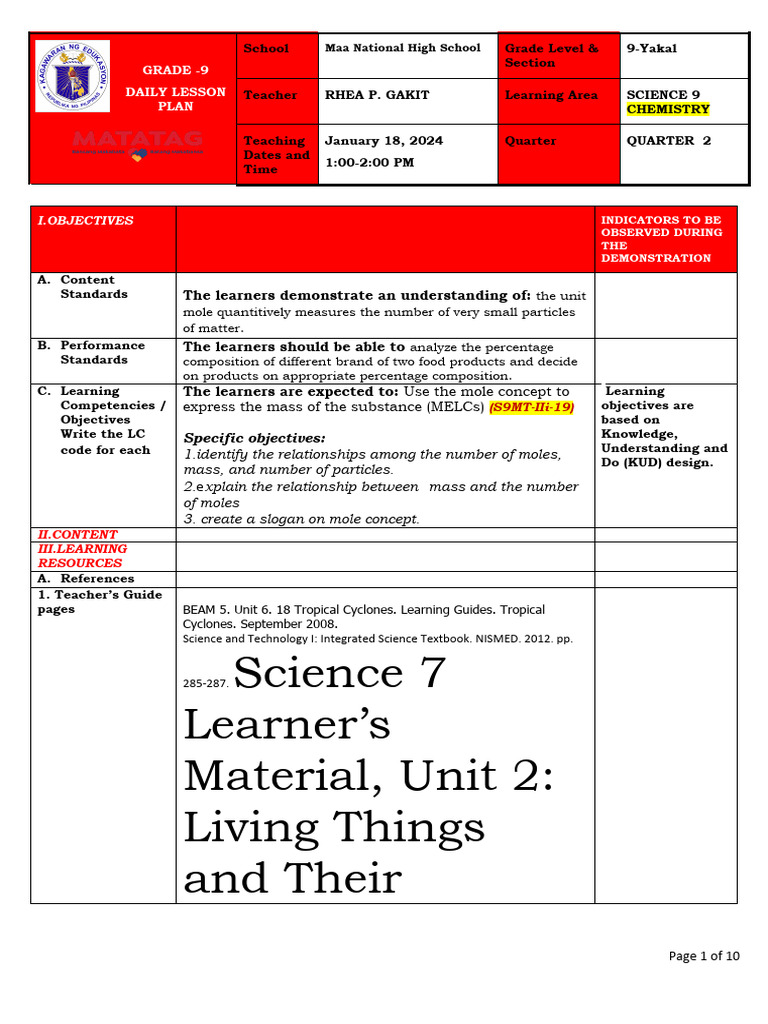Quarter-2-Dlp-Final Gakit | PDF | Mole (Unit) | Physical Sciences