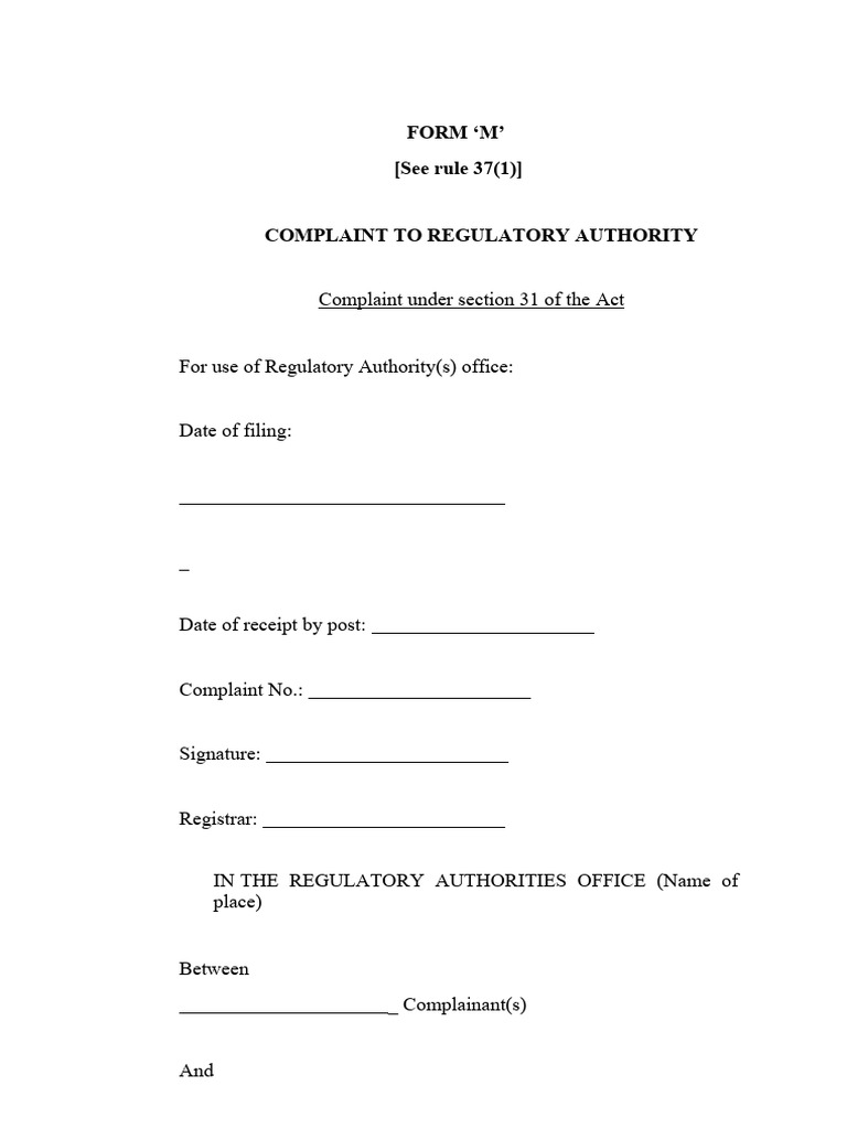 Complaint To Regulatory Authority Form M | PDF