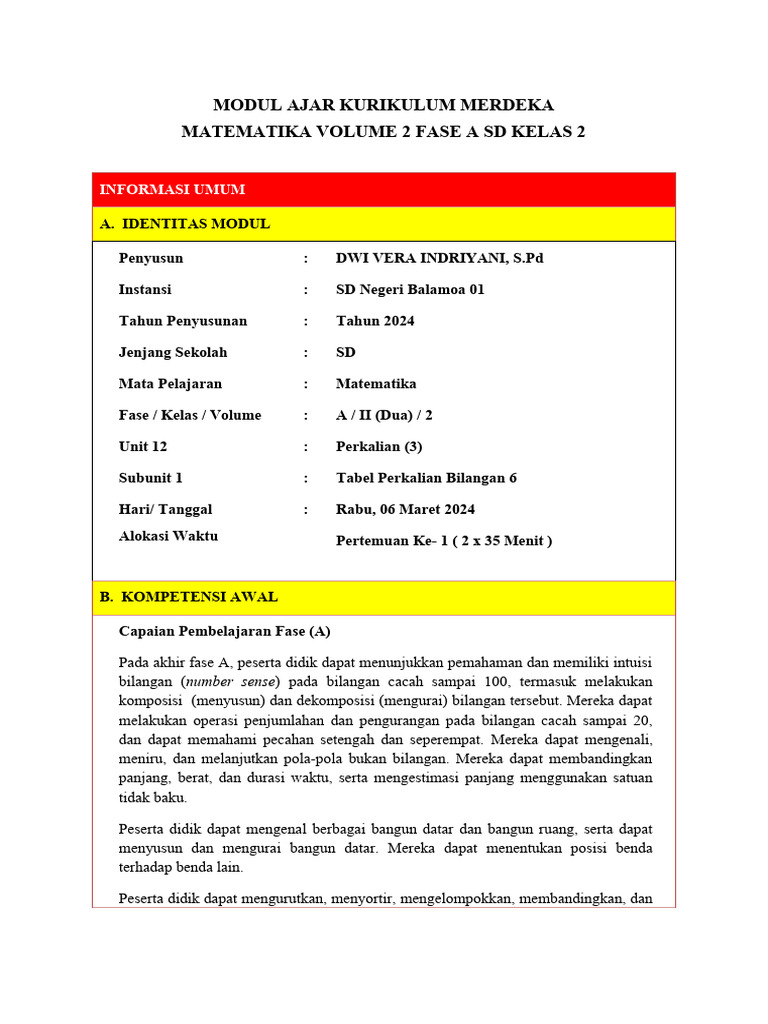 Modul Ajar Matematika SD Kelas 2 | PDF