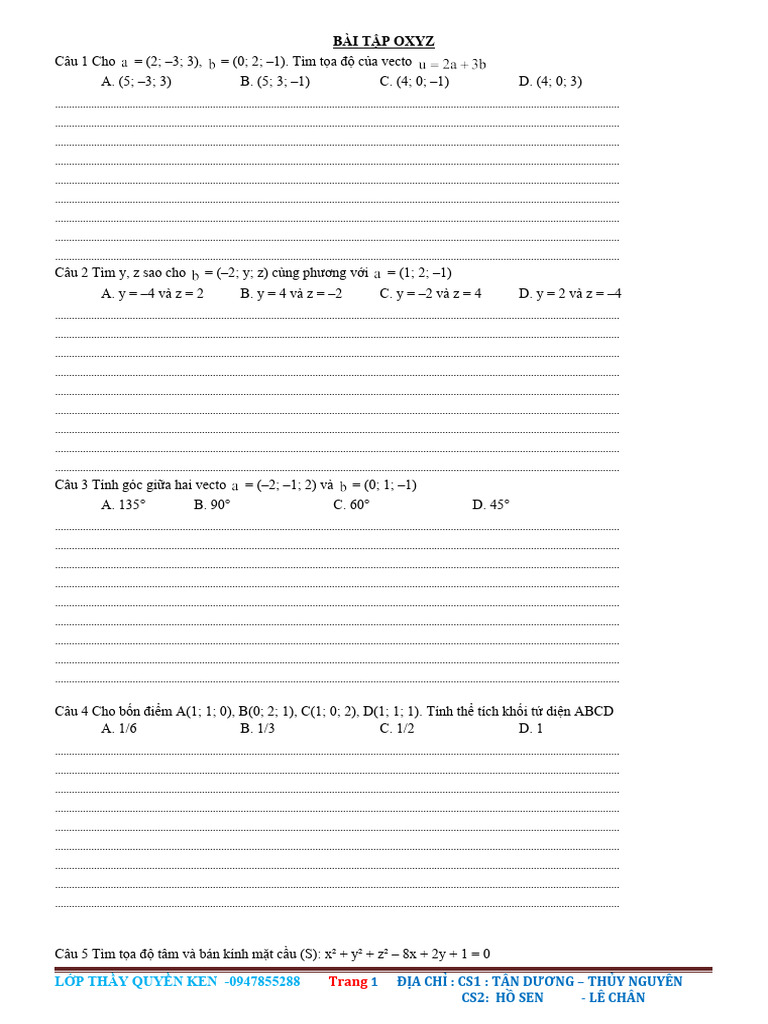 TOÁN 12 HÌNH OXYZ BT LẦN 2 | PDF