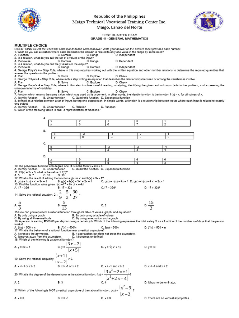 Grade 11 General Mathematics Exam | PDF