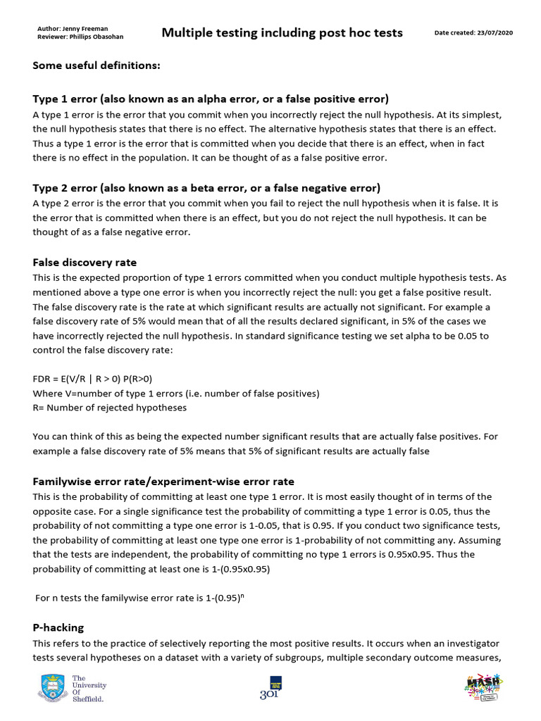 20 post hoc tests pdf type i and type ii errors statistical