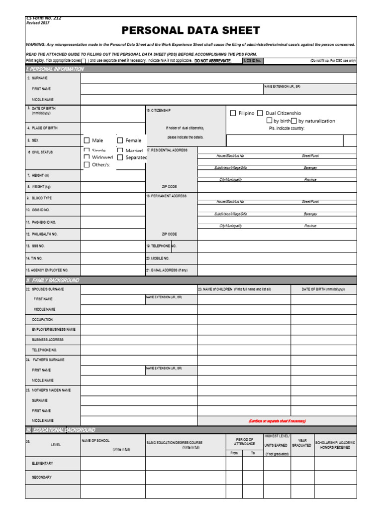 Personal Data Sheet 2017 Revised Blank Form Pdf Passport Government